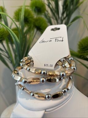 Laura Ford 3 Row alternating gold oval & silver-round beads stretch